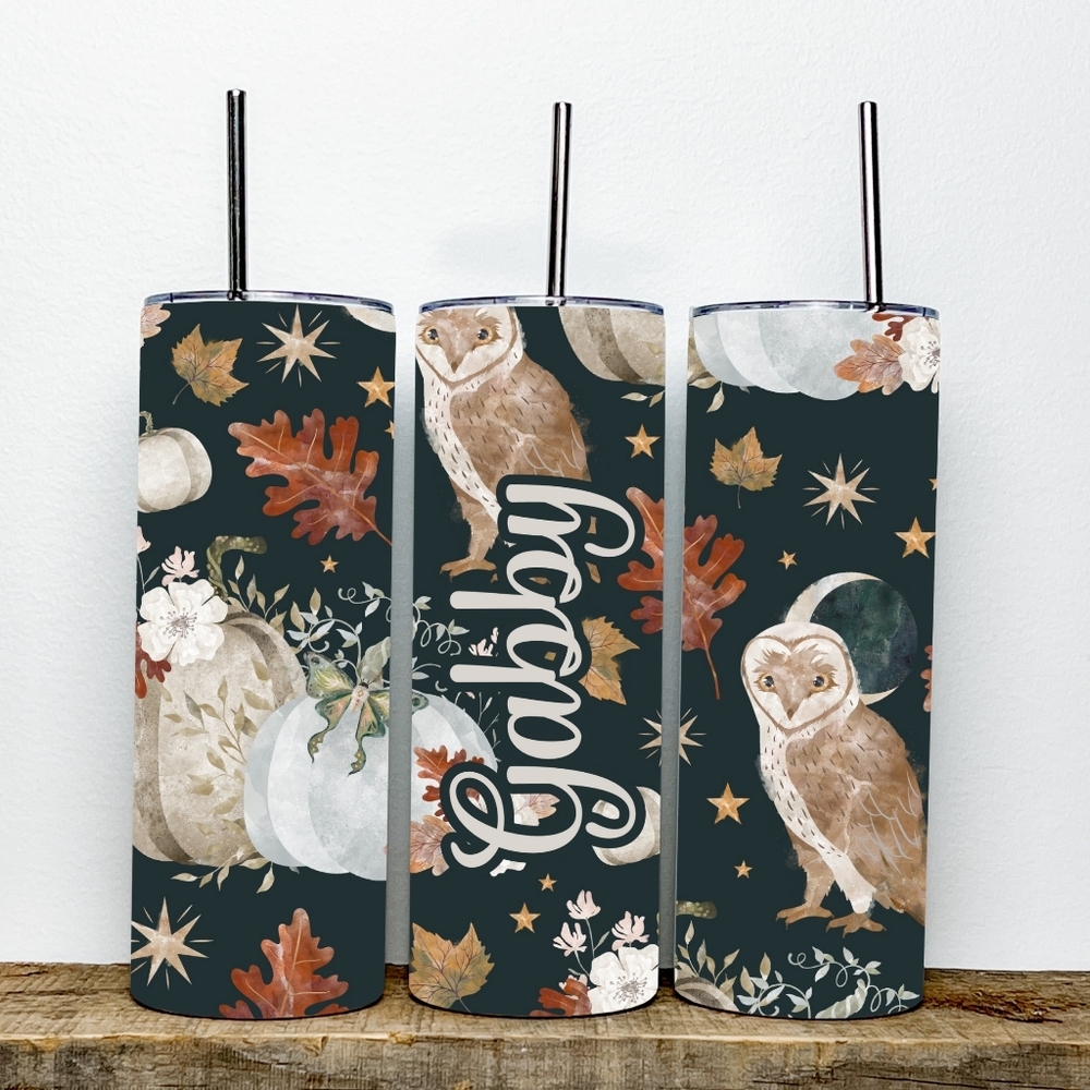 Personalized Name Enchanted Fall Cottage Owl Halloween 20oz Skinny Tumbler